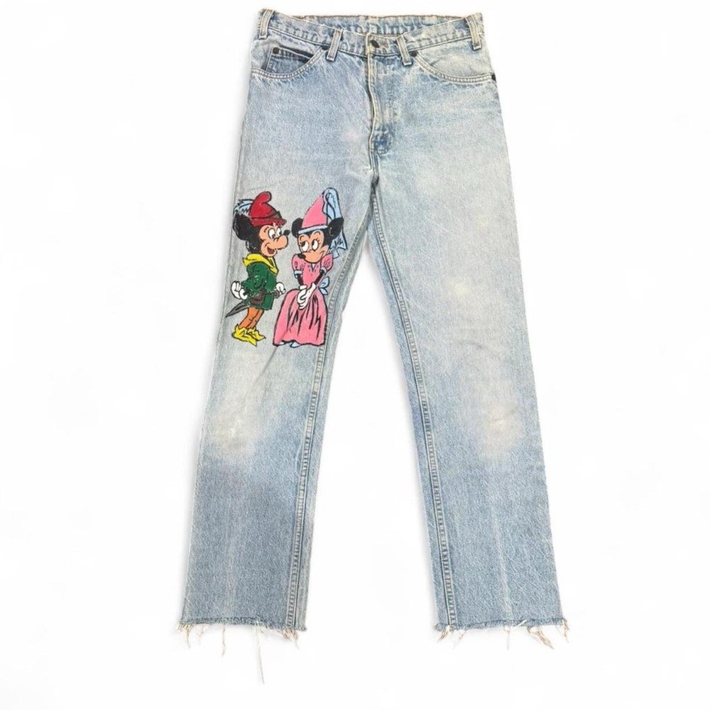 Levi's Light Blue Straight Leg Jeans with Pink & Green Cartoon Patch